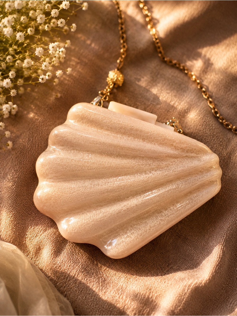 Pearlescent Shell Clutch Crossbody in Champagne